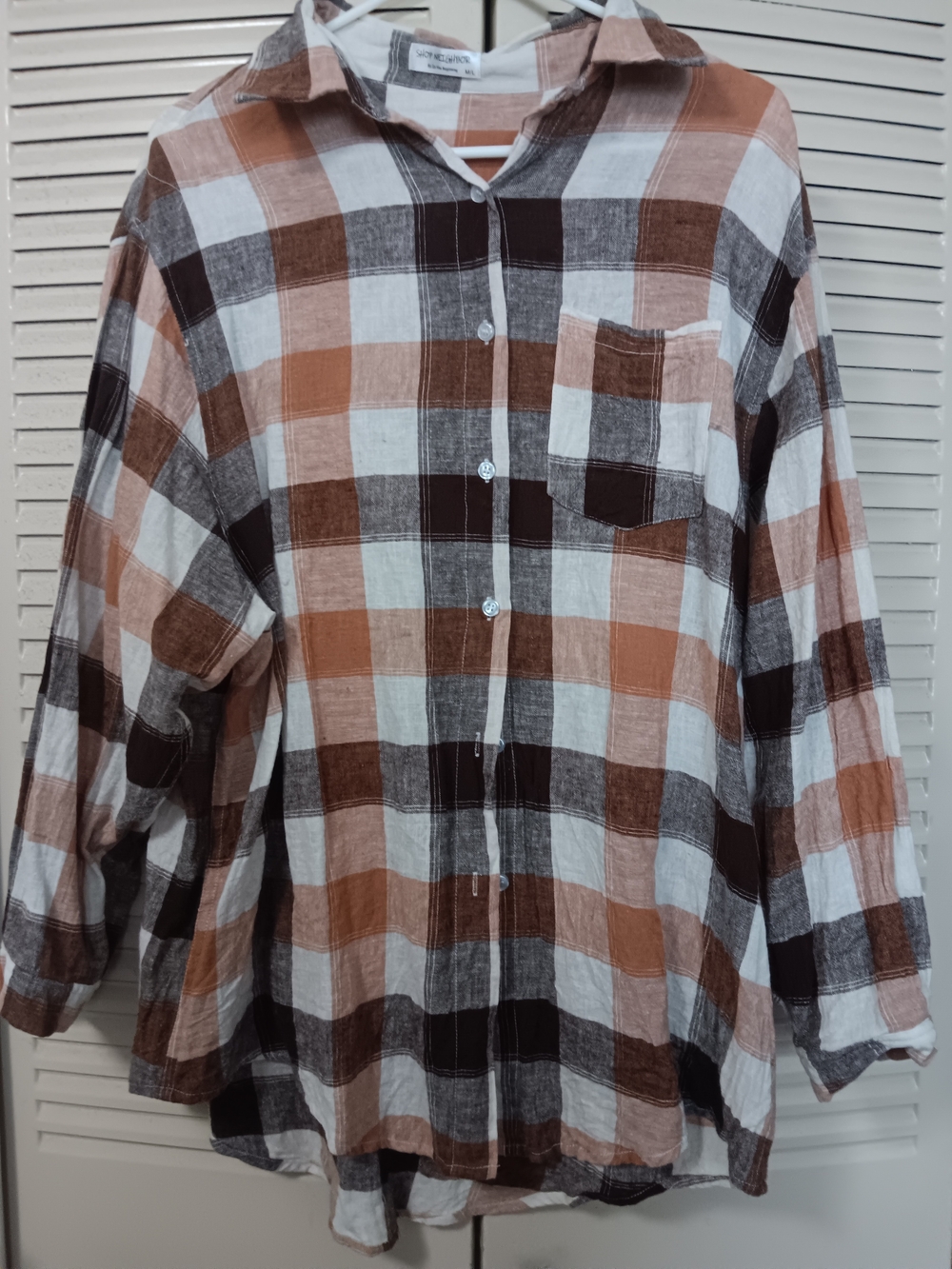 Women's Plaid Oversized Button-Up Shirt - Brown/White